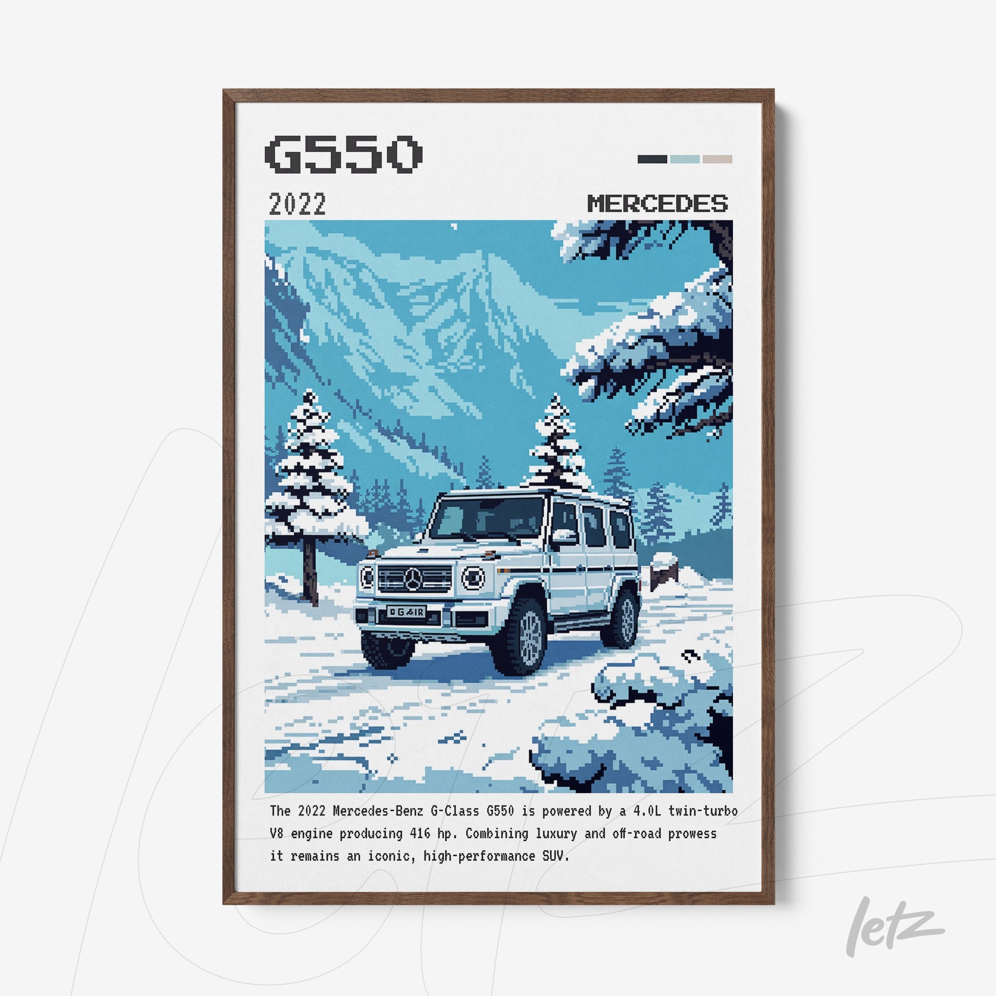 framed pixel art illustration of the Mercedes-Benz G550 in a snowy mountain landscape with light wooden frame