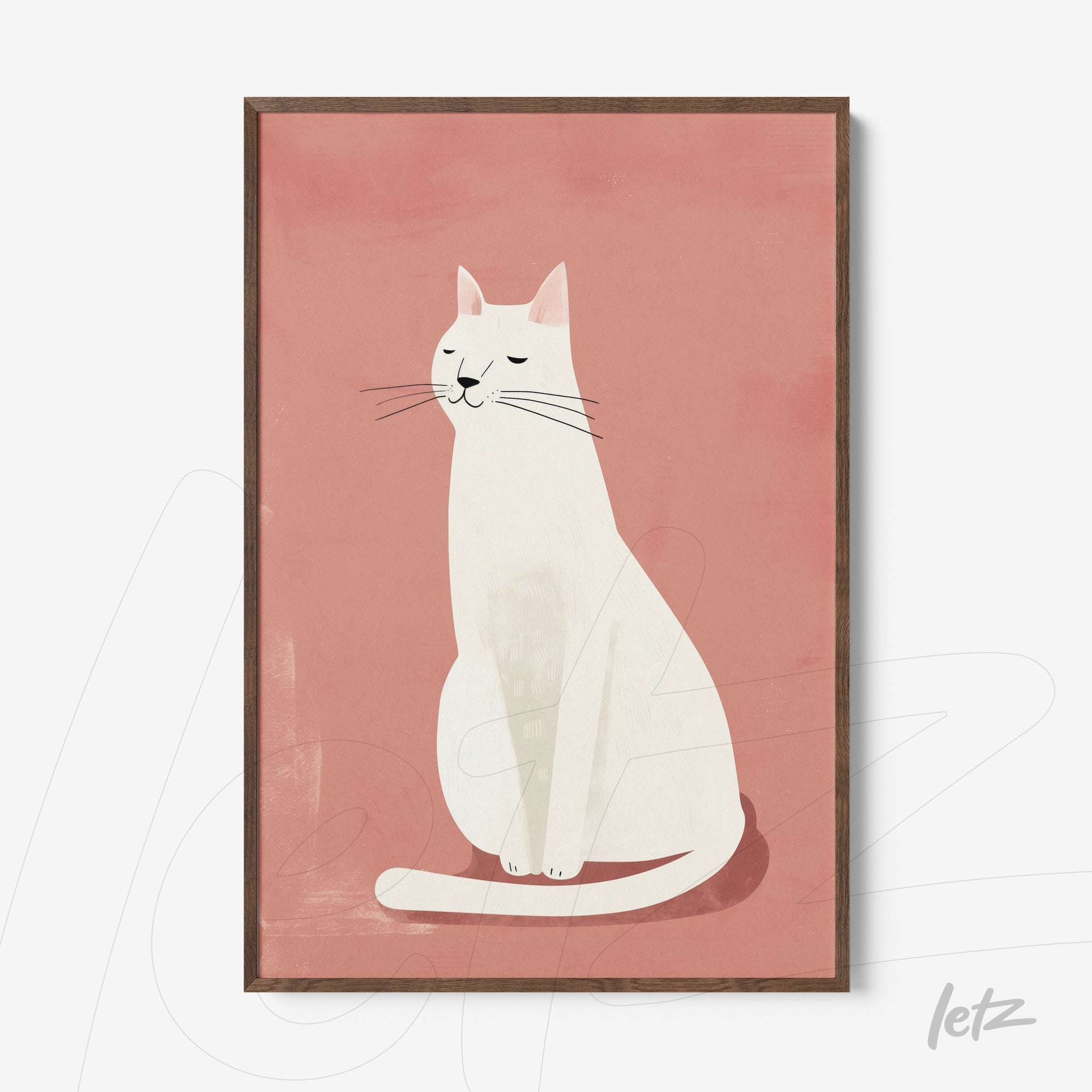 framed artwork featuring a minimalist illustration of a white cat sitting against a light pink background with a wooden frame