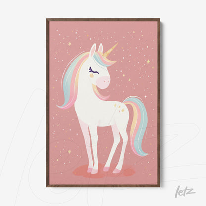 framed wall art of an enchanted unicorn with light brown frame and pastel pink background