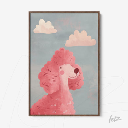 framed art featuring a pink poodle against a blue sky with soft clouds in a dark wood frame