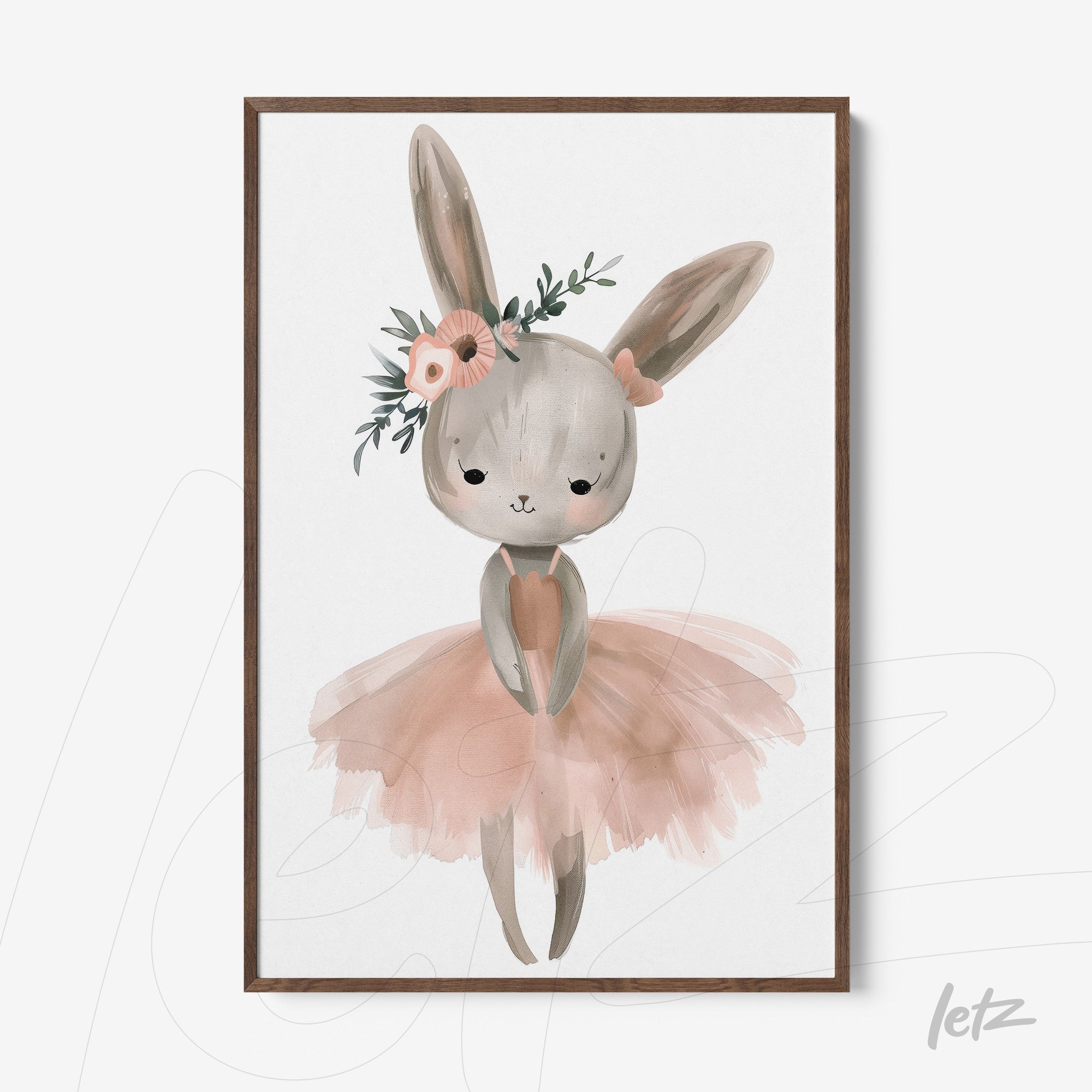 framed art featuring a bunny in a pink ballerina dress adorned with flowers on its head
