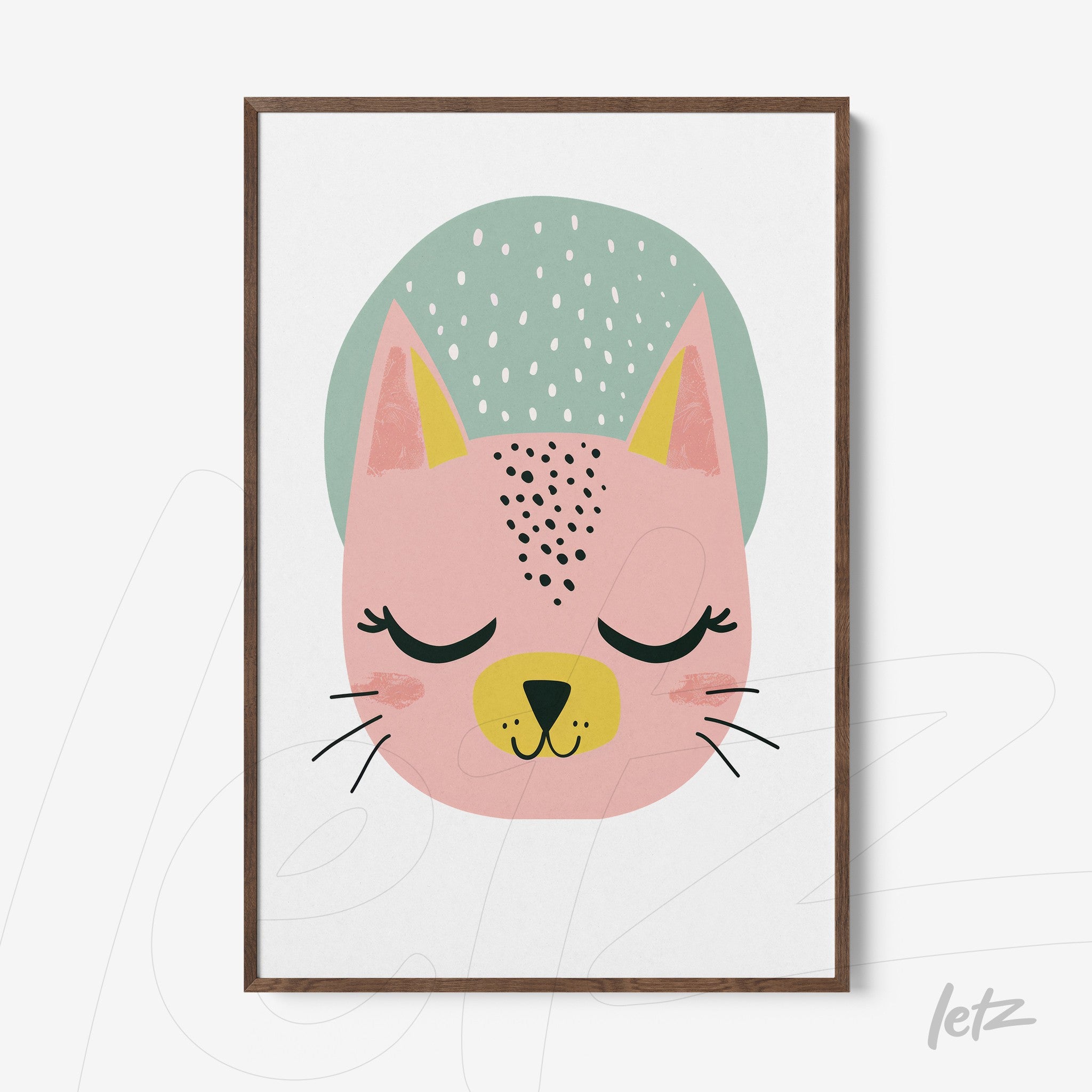 framed artwork of a stylized cat in pink and green tones with a brown frame