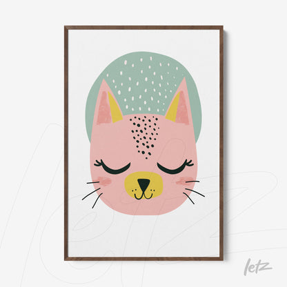 framed artwork of a stylized cat in pink and green tones with a brown frame