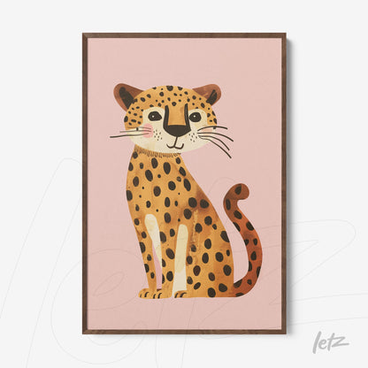 framed wall art featuring a cute jaguar with orange fur and black spots against a pink background in dark wooden frame