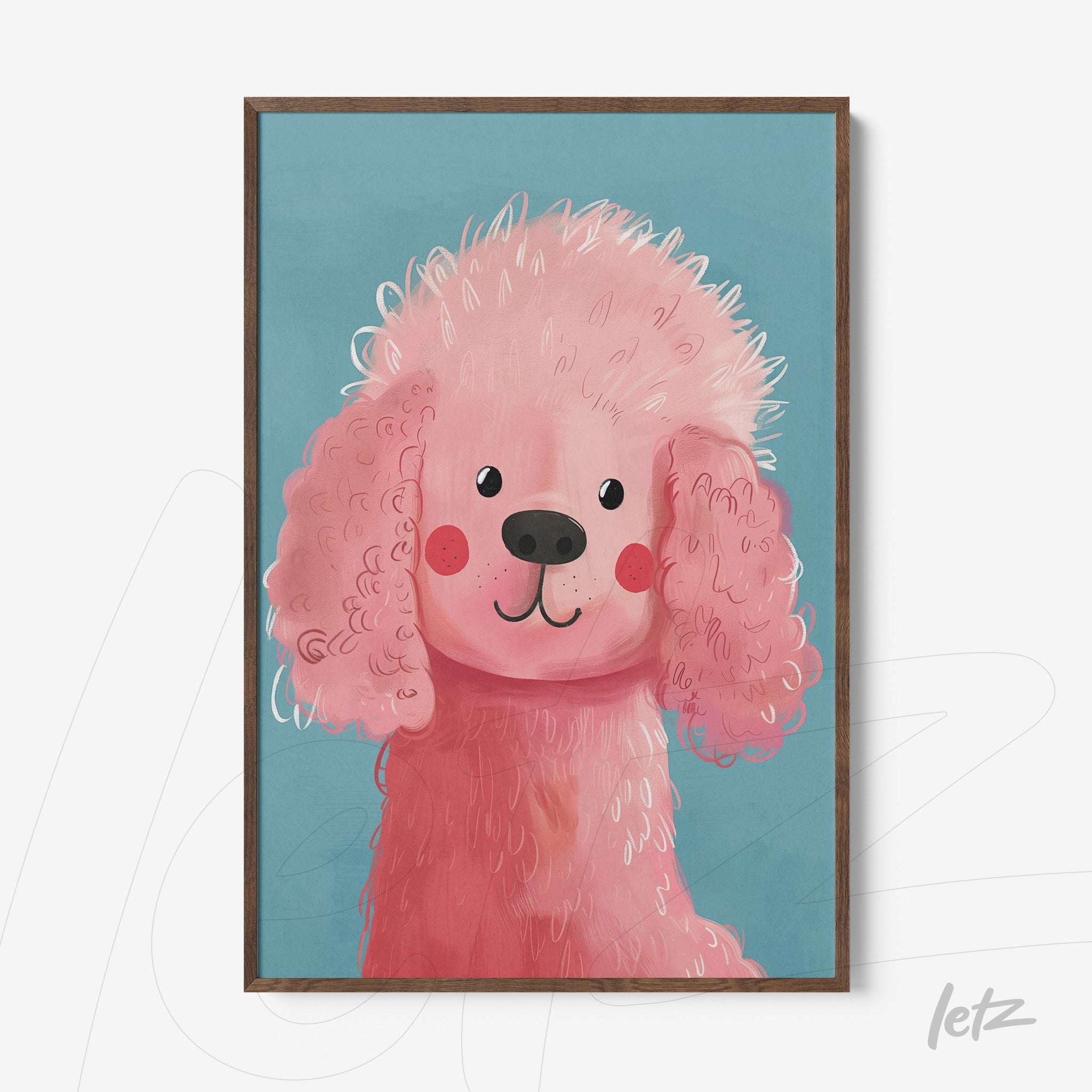 framed art of a pink poodle dog against a blue background with light wood frame