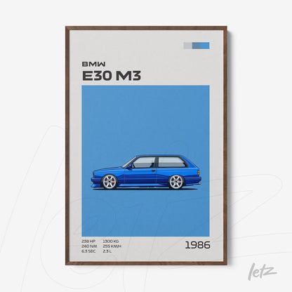 framed digital art of a blue BMW E30 M3, dark wood frame with a solid blue background