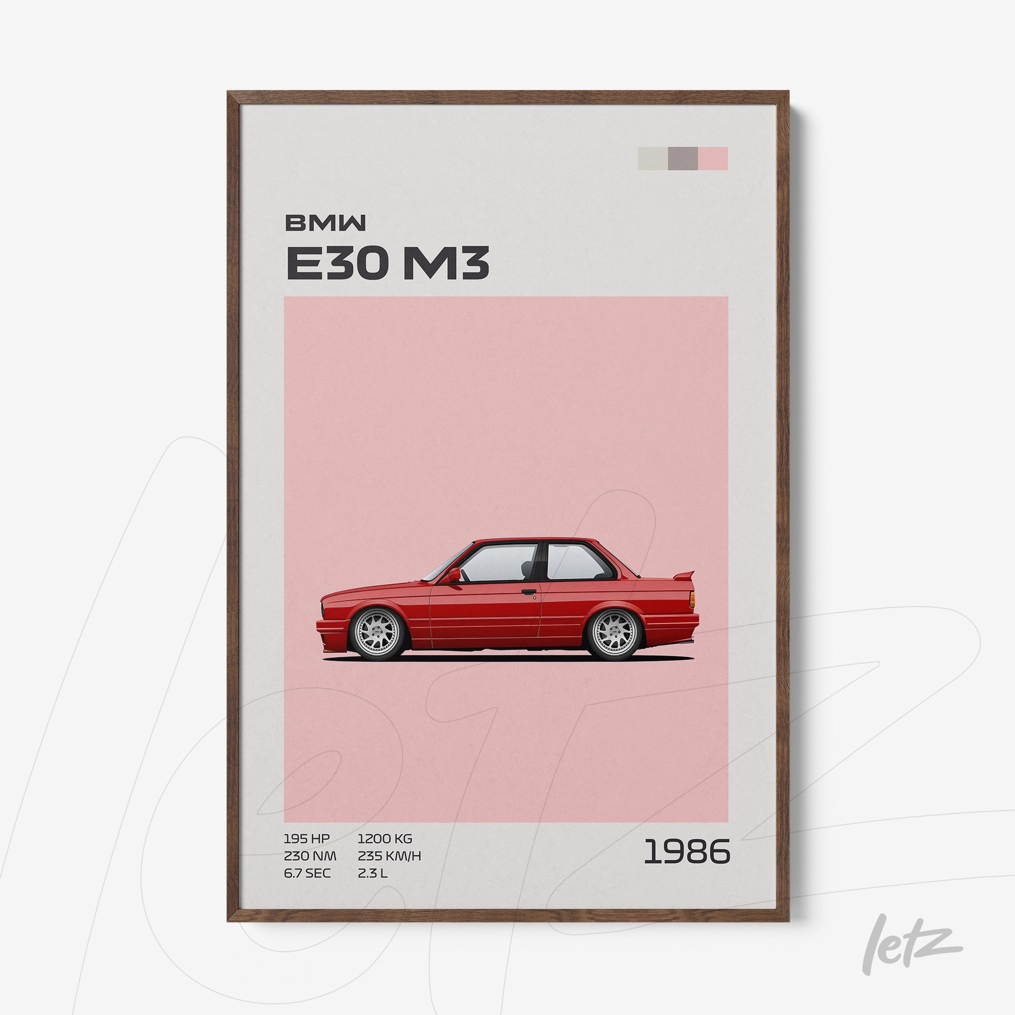 framed digital art of BMW E30 M3 car with pink background and wooden frame