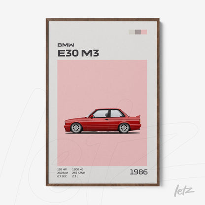 framed digital art of BMW E30 M3 car with pink background and wooden frame