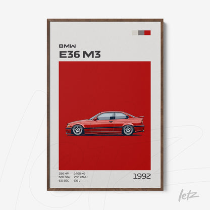 framed artwork featuring a digital illustration of a BMW E36 M3 sports car against a vibrant red background