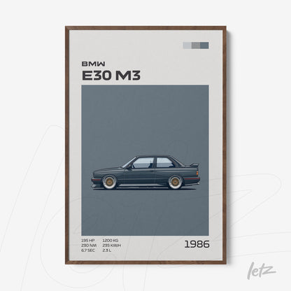 framed artwork featuring a side view illustration of BMW E30 M3 on blue background with light wood frame