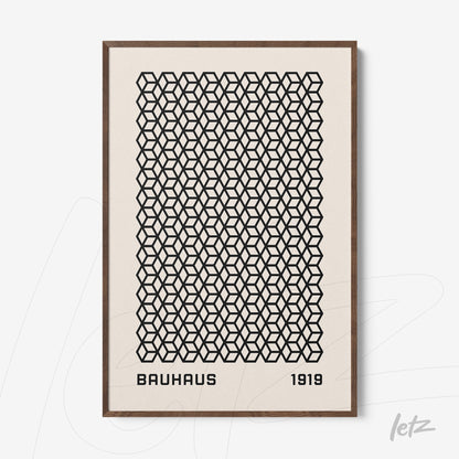 poster featuring black geometric pattern on beige background with wooden frame, bauhaus style