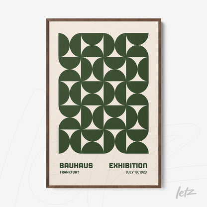 geometric Bauhaus style art print in green with wooden frame