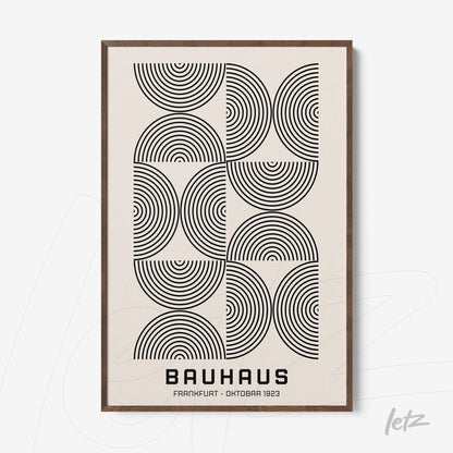 poster featuring black and white geometric pattern in bauhaus style with dark wood frame