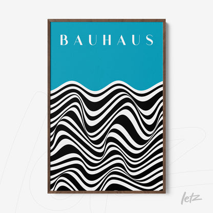 modern art print with black and white wavy pattern on a blue background in dark wooden frame