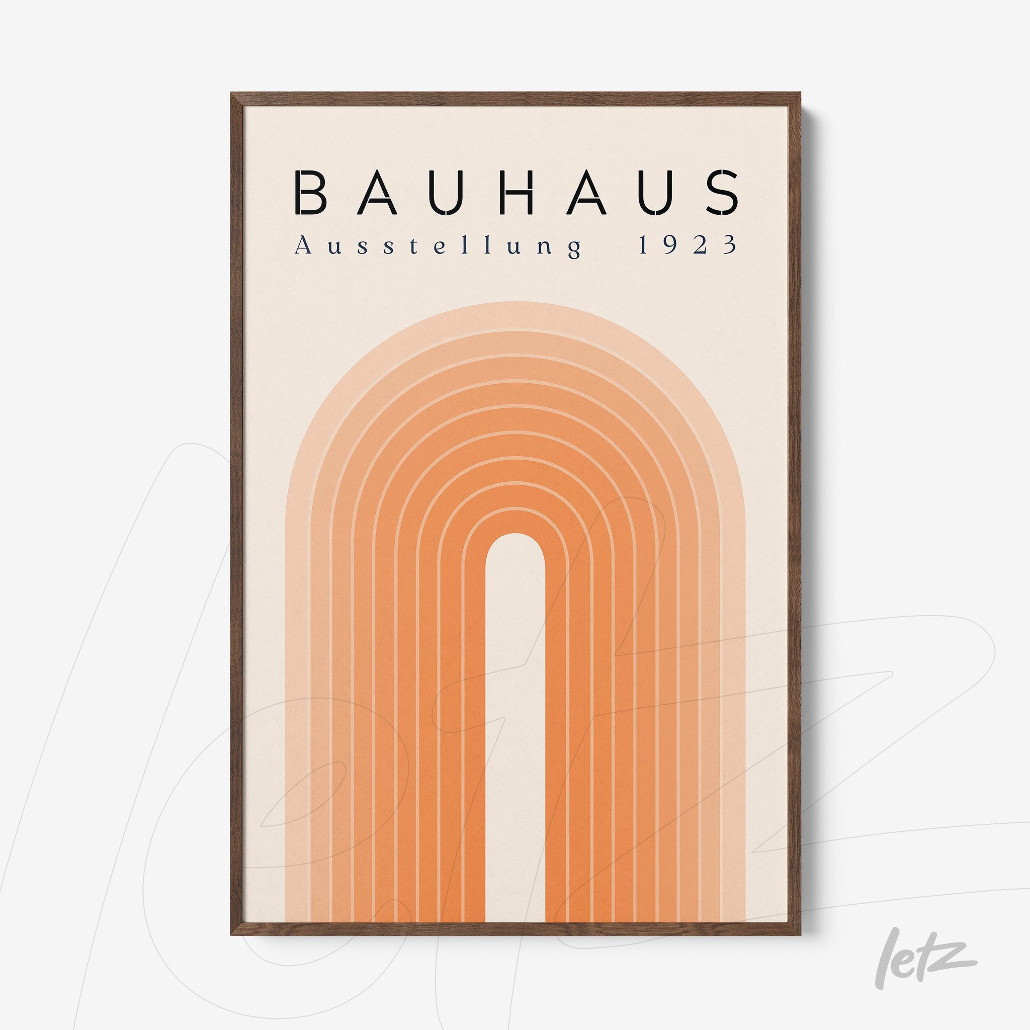 bauhaus style framed art with orange arches and black text in a dark wood frame