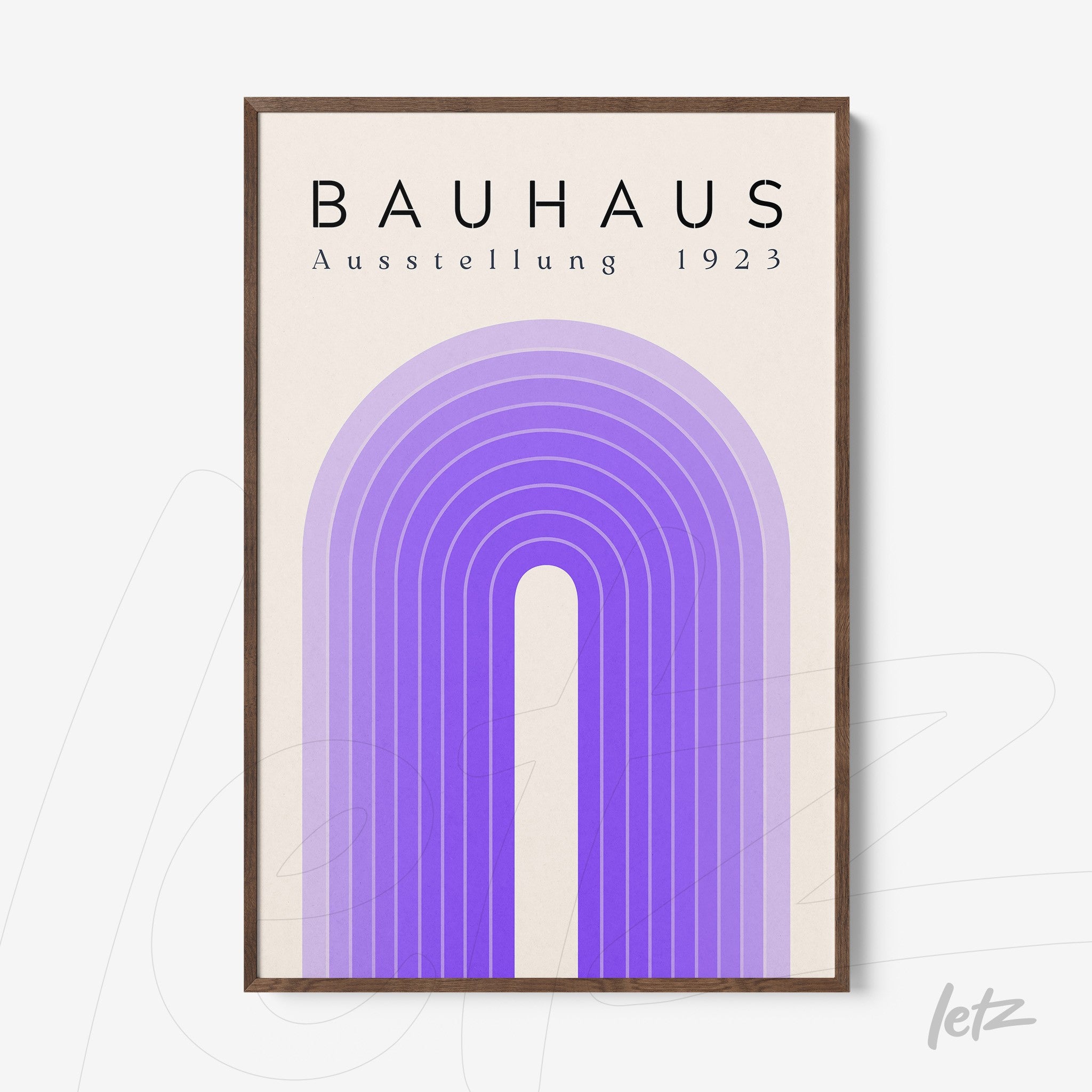 poster print featuring minimalist purple and lilac arc design with Bauhaus text in a brown frame