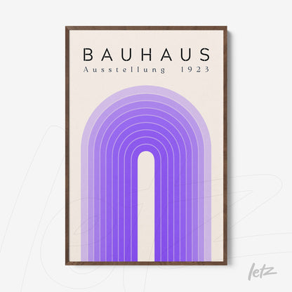 poster print featuring minimalist purple and lilac arc design with Bauhaus text in a brown frame