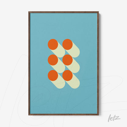 geometric art featuring orange circles with shadows on light blue background in dark wood frame