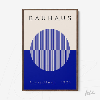 framed art displays bauhaus design with navy blue lined circle and text on beige and blue background