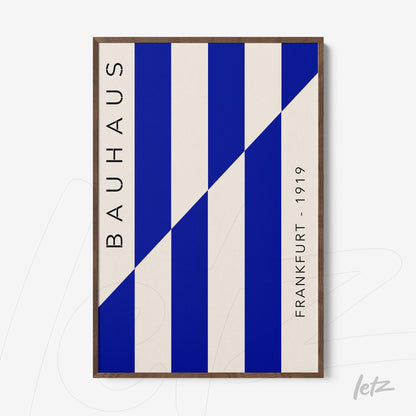 poster featuring blue and white geometric art with bauhaus and frankfurt 1919 text in dark wood frame