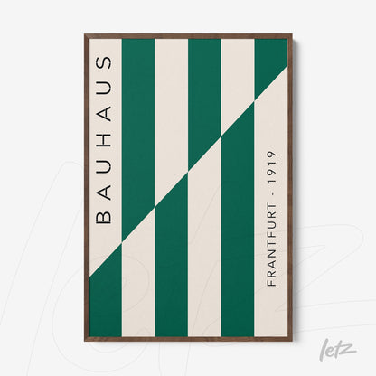 poster print featuring geometric design in green and cream, dark wood frame, vertical text 'Bauhaus' and 'Frankfurt - 1919'