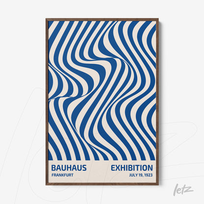 abstract art print with wavy blue lines and beige background in a wooden frame