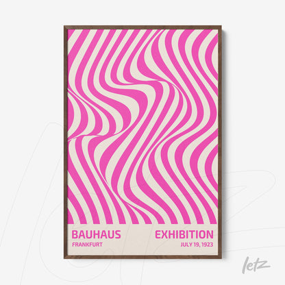 poster with geometric art of pink and white wavy lines in a dark wood frame
