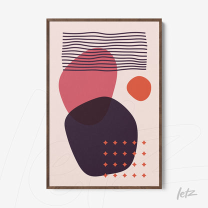 framed abstract art featuring colorful shapes in pink, orange, and black with light wood frame