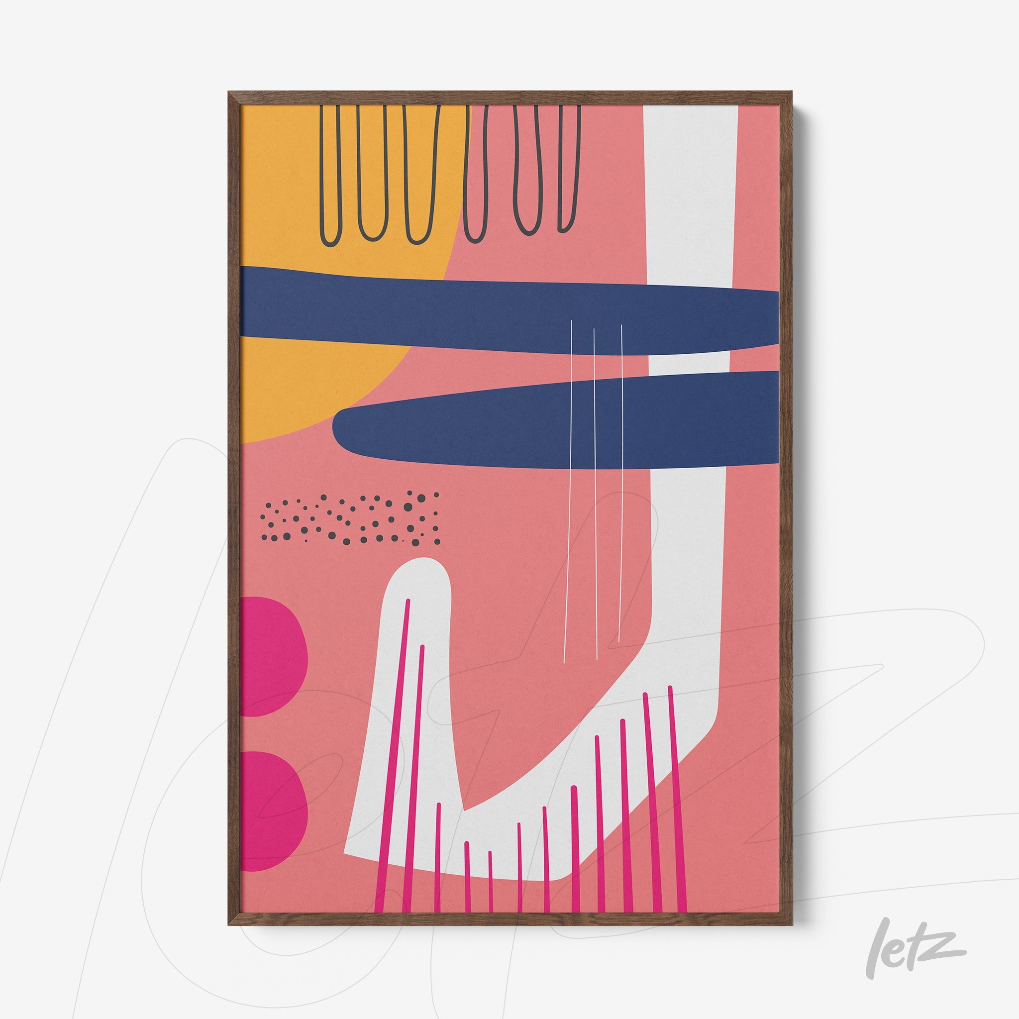 quadro boho com formas geométricas abstratas em tons modernos com moldura de filete freijó