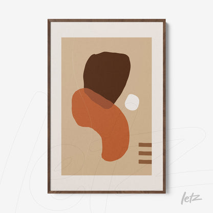abstract wall art in earthy tones featuring organic shapes with a dark wood frame