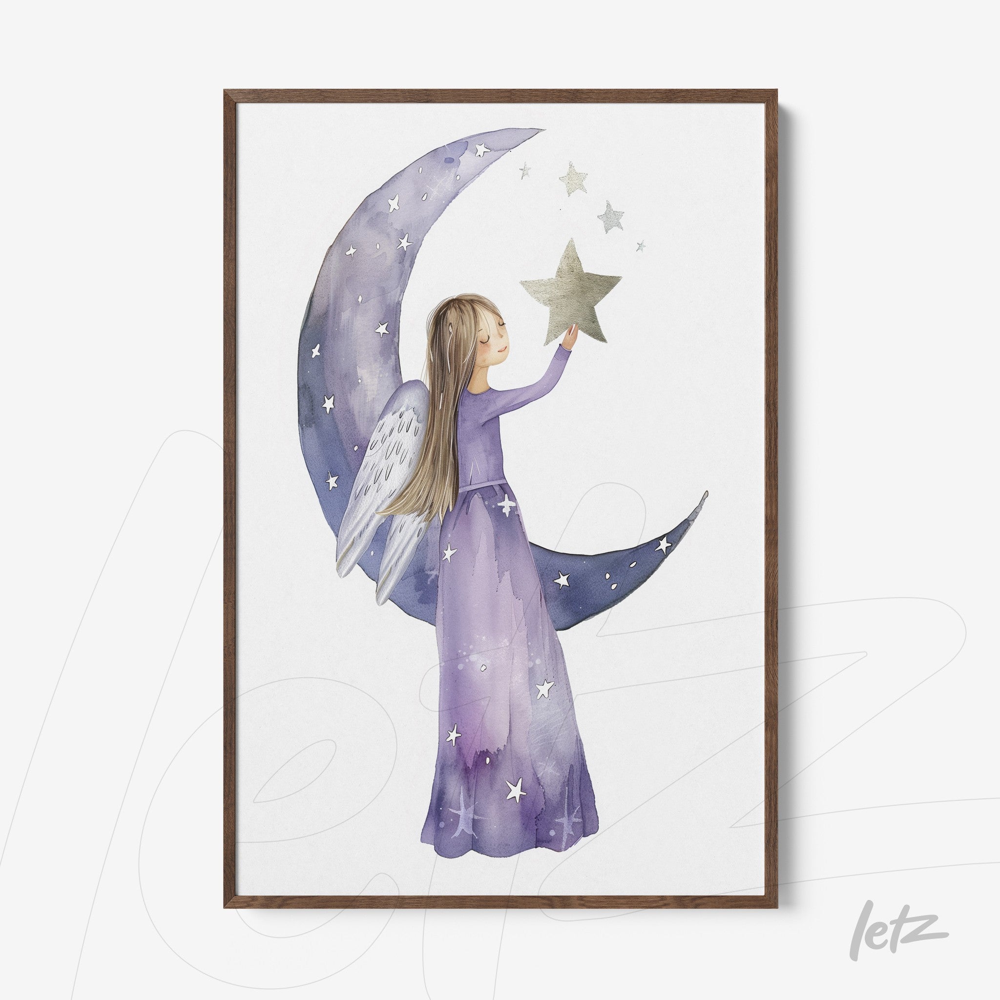 framed watercolor illustration of an angelic figure in a purple dress holding a star against a moon backdrop with dark wooden frame