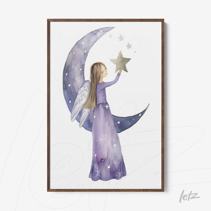 framed watercolor illustration of an angelic figure in a purple dress holding a star against a moon backdrop with dark wooden frame
