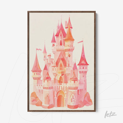 framed art print of a whimsical pink castle illustration with dark wood frame