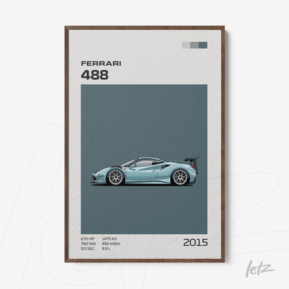 framed digital art of a sports car Ferrari 488 with dark wood frame