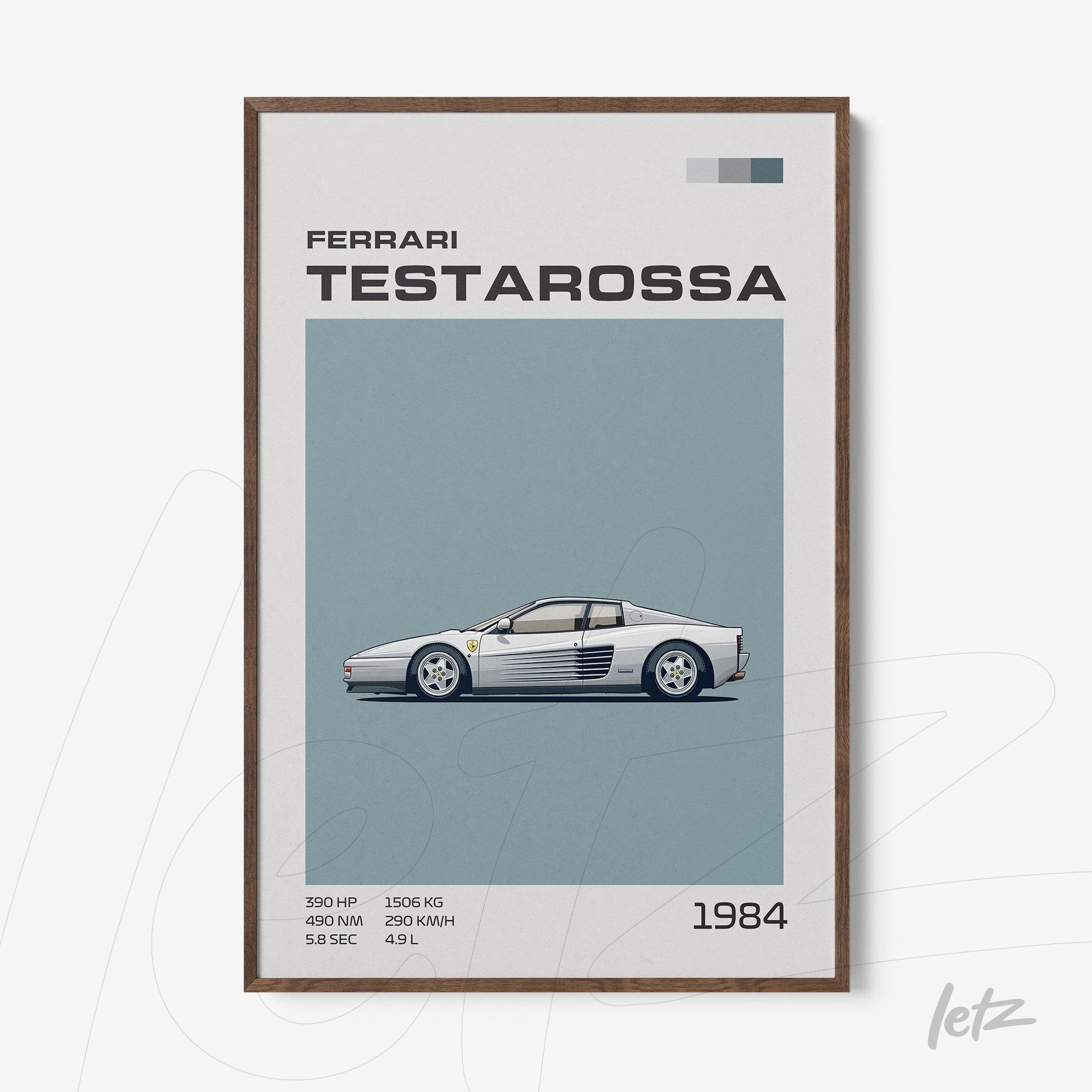 framed digital art of Ferrari Testarossa with dark wood frame