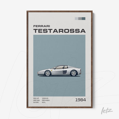 framed digital art of Ferrari Testarossa with dark wood frame