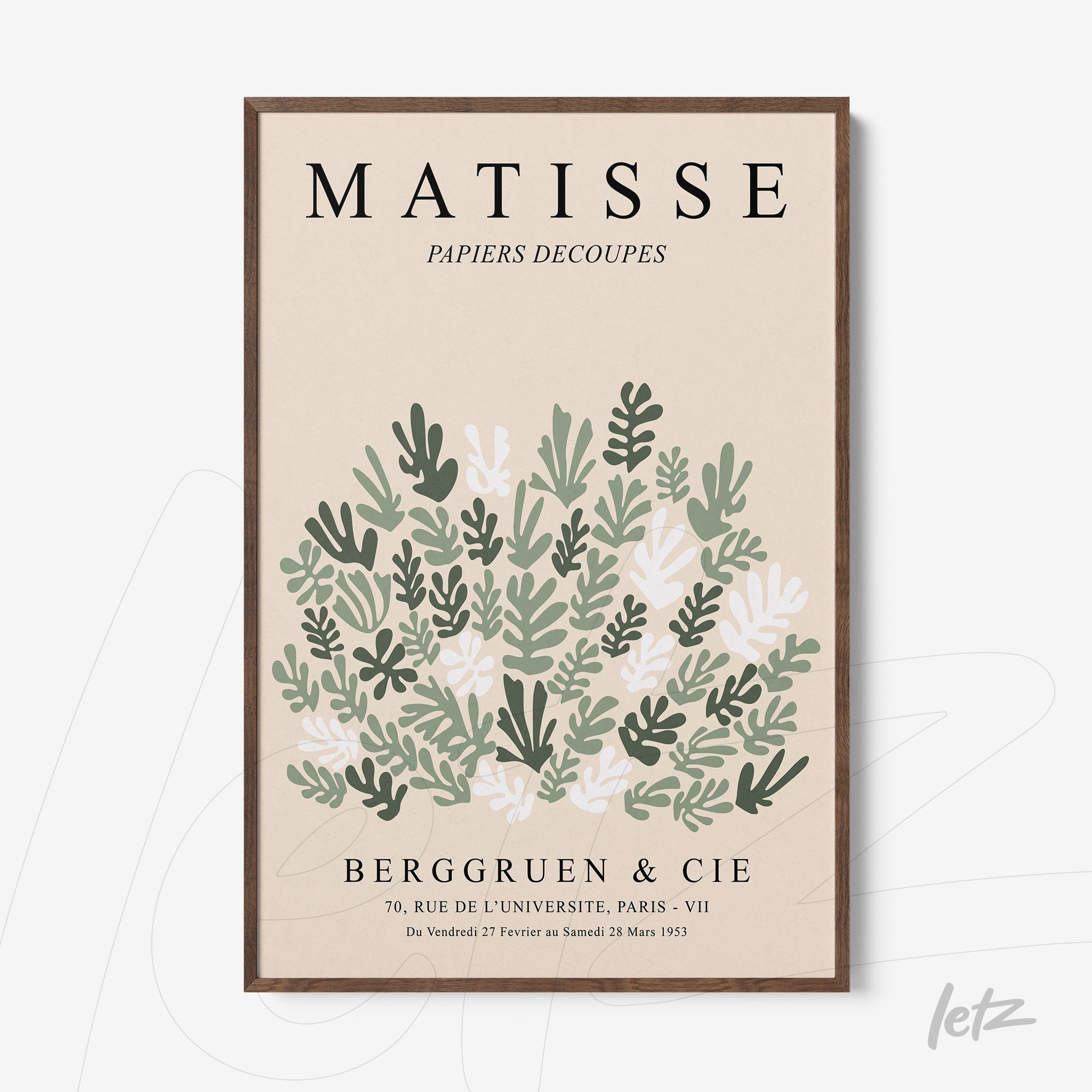 framed art inspired by Matisse featuring organic shapes in green and off-white with dark wood frame
