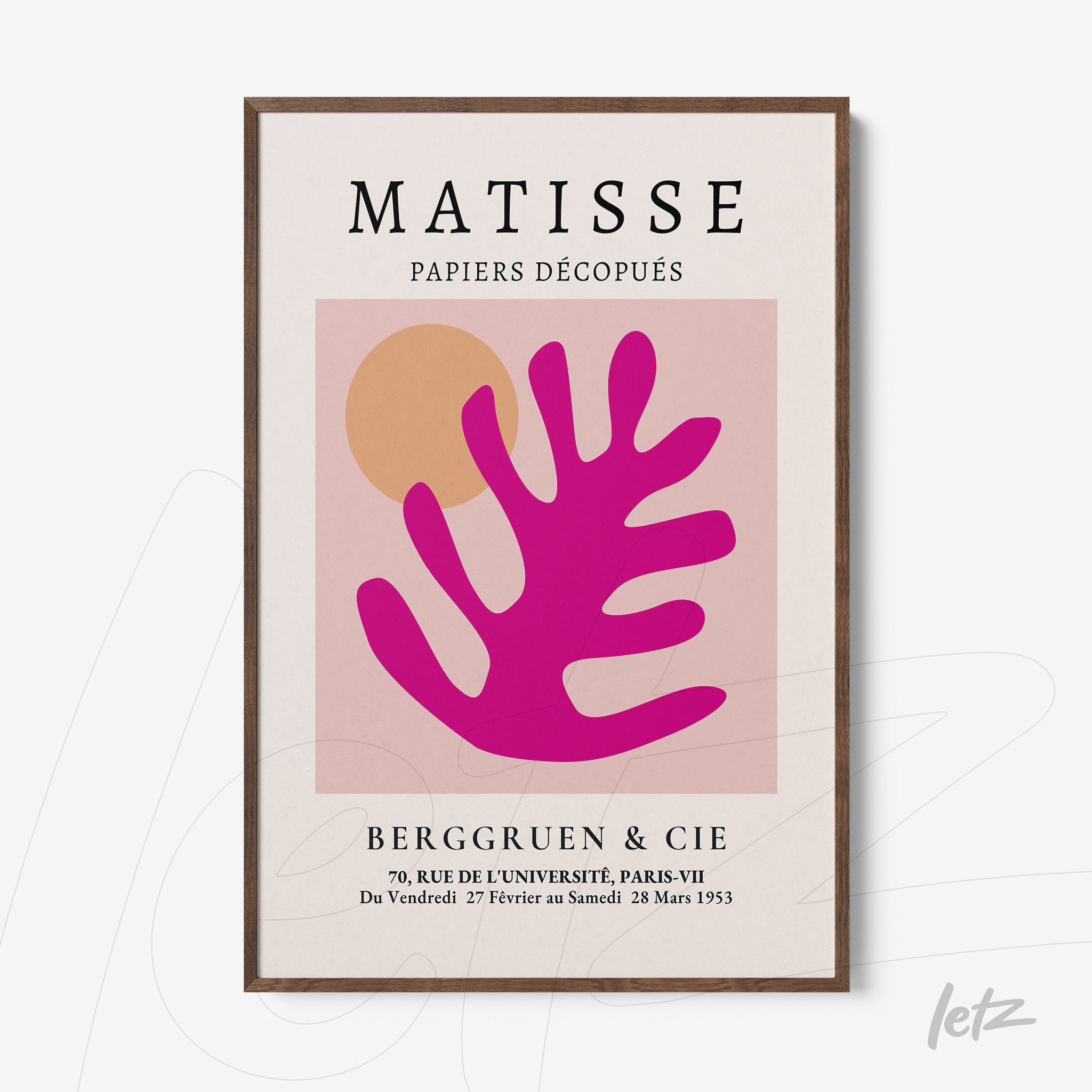 framed wall art inspired by Matisse, featuring a vibrant pink leaf on a minimalist background with pink and yellow circles, dark wooden frame