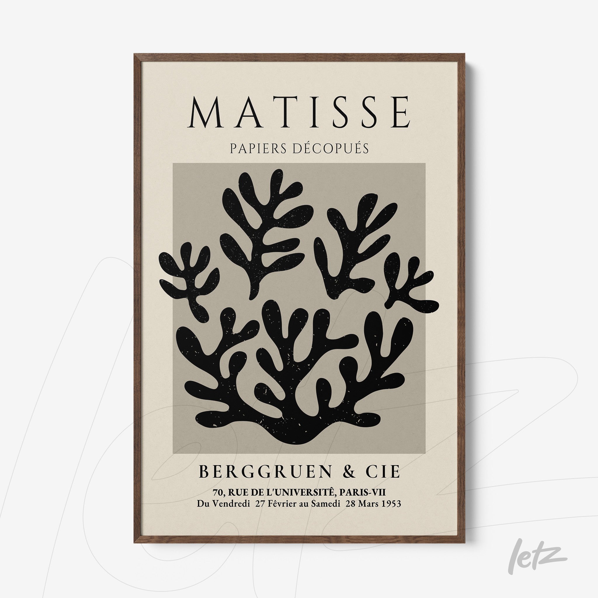 framed modern art piece featuring organic shapes on light gray background with dark wood frame