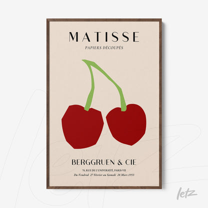 minimalist wall art of red cherries on light background, framed in dark wood