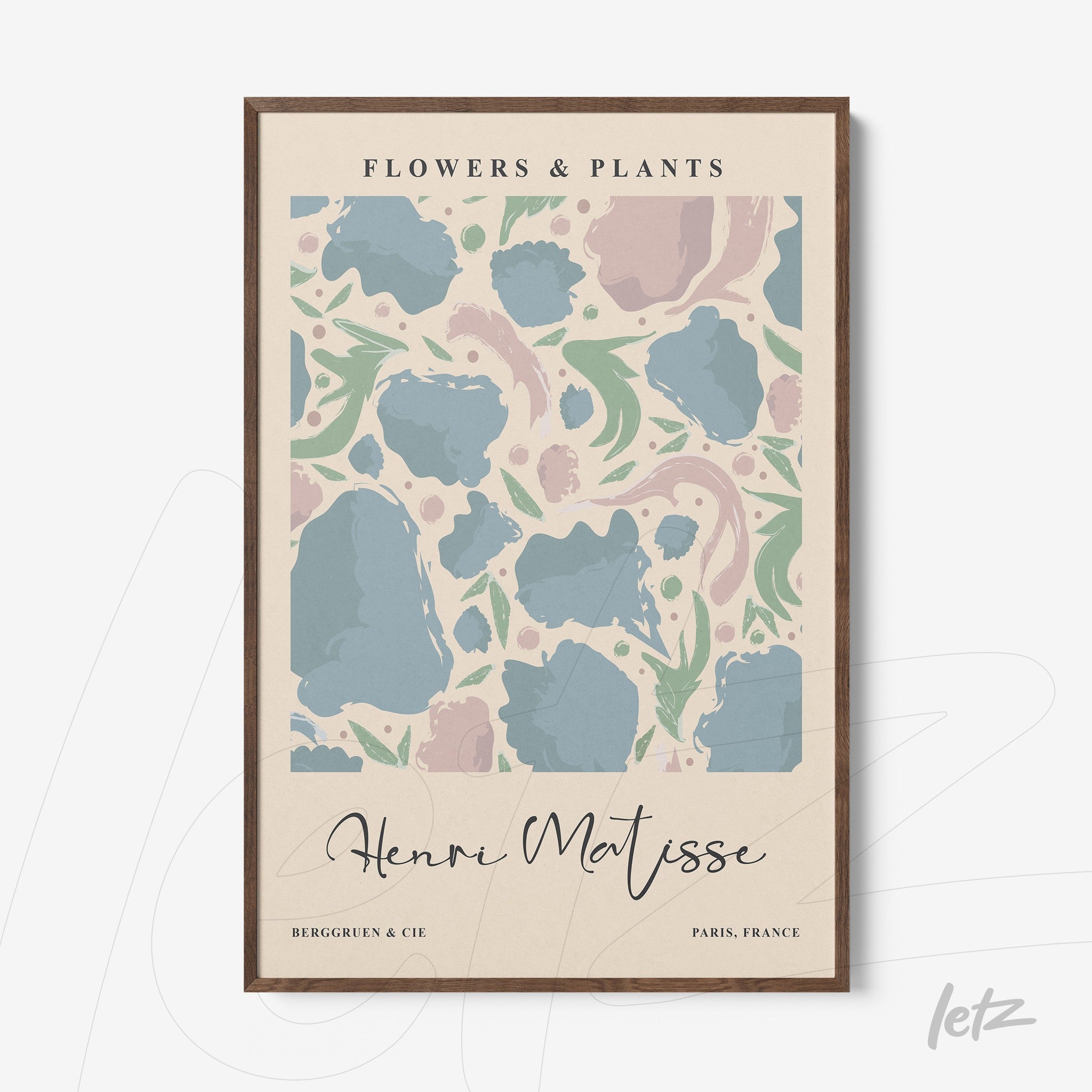 framed wall art featuring floral and plant design in pastel colors with dark wood frame