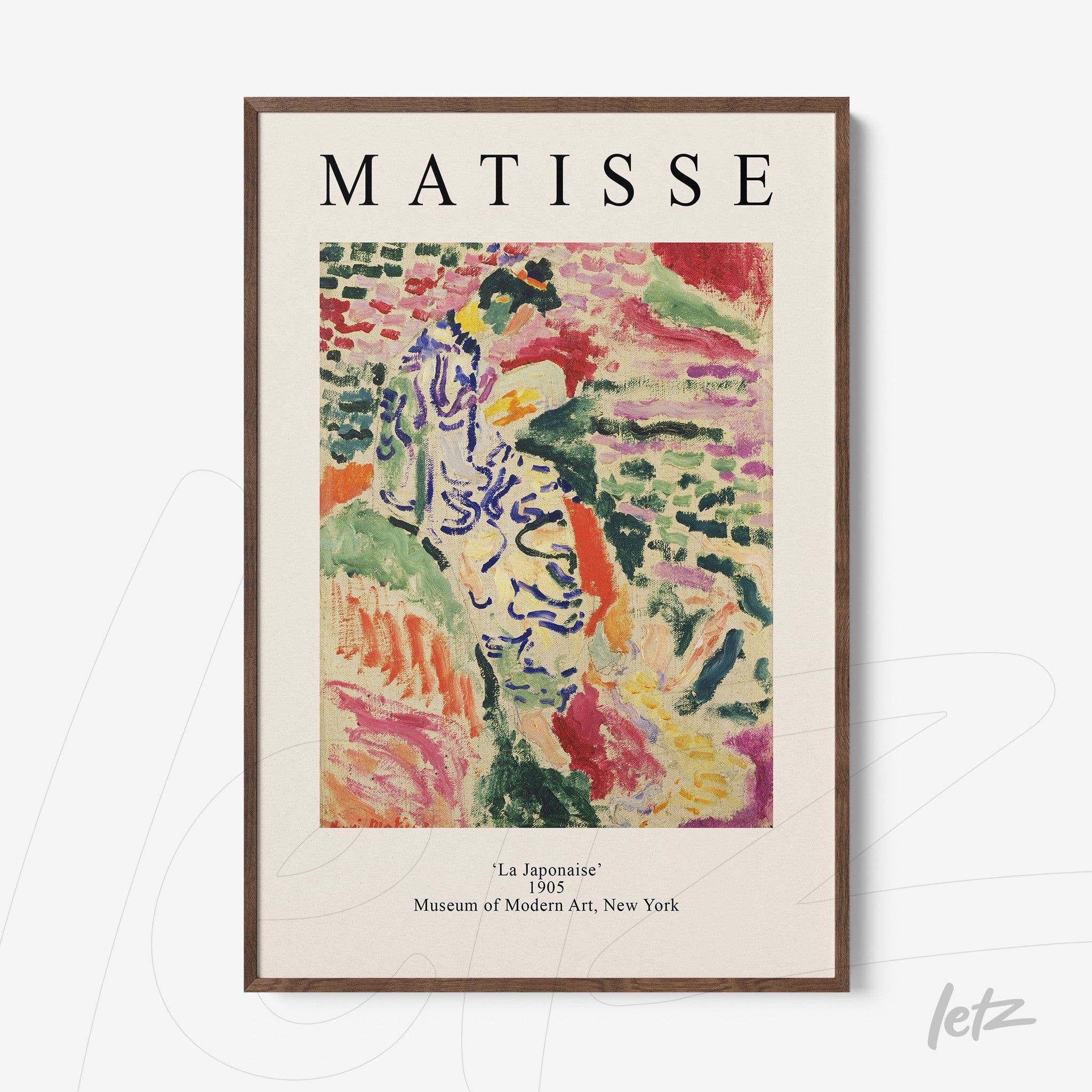 framed modern art piece by Matisse titled 'La Japonaise' with light wood frame
