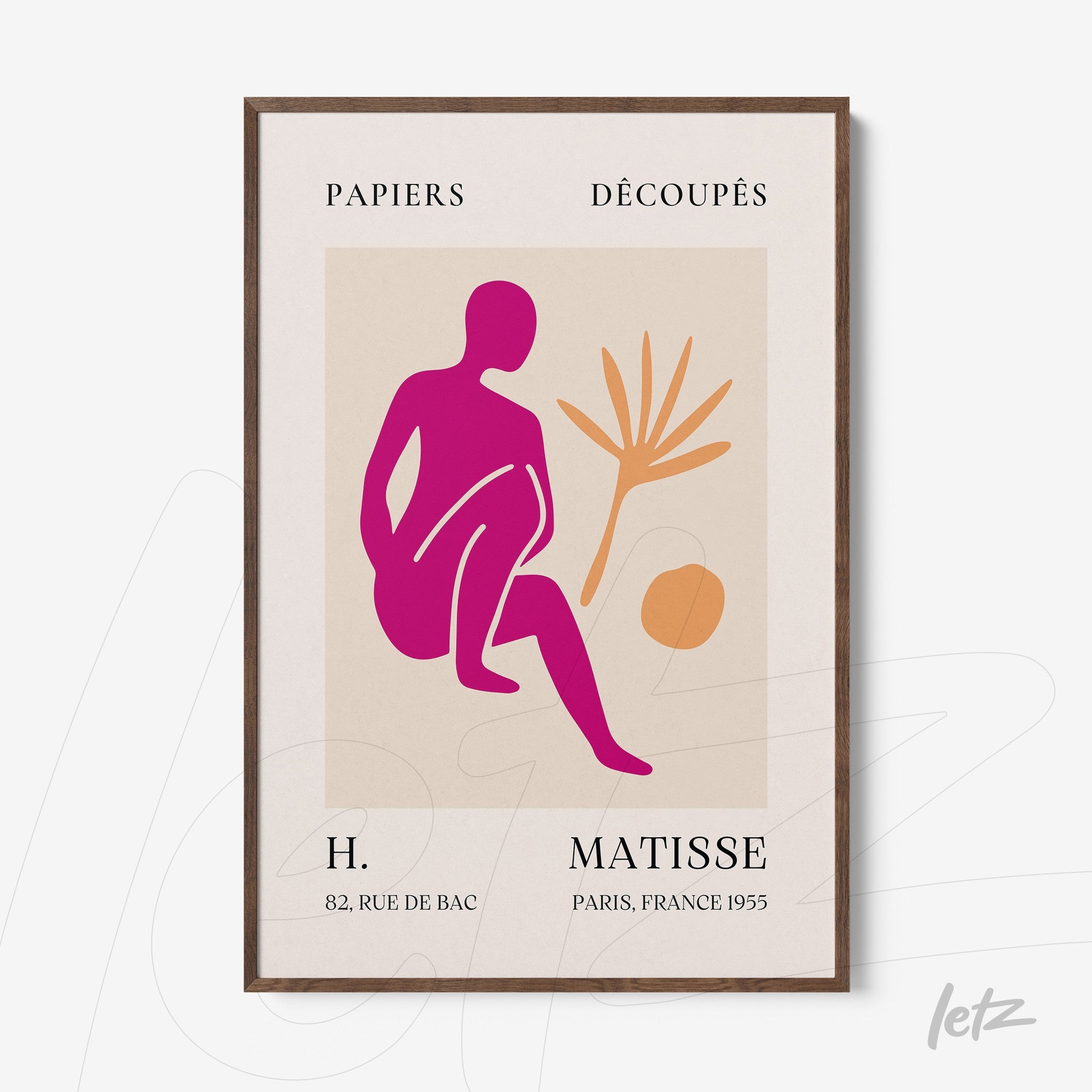 framed wall art featuring colorful cut-out design in modern style, depicting a pink human figure and botanical elements in orange with light wooden frame