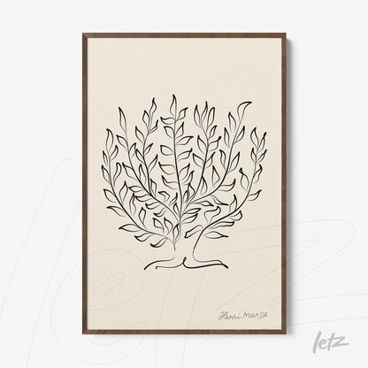 framed wall art featuring minimalist illustration of foliage in black lines on light background with dark wood frame