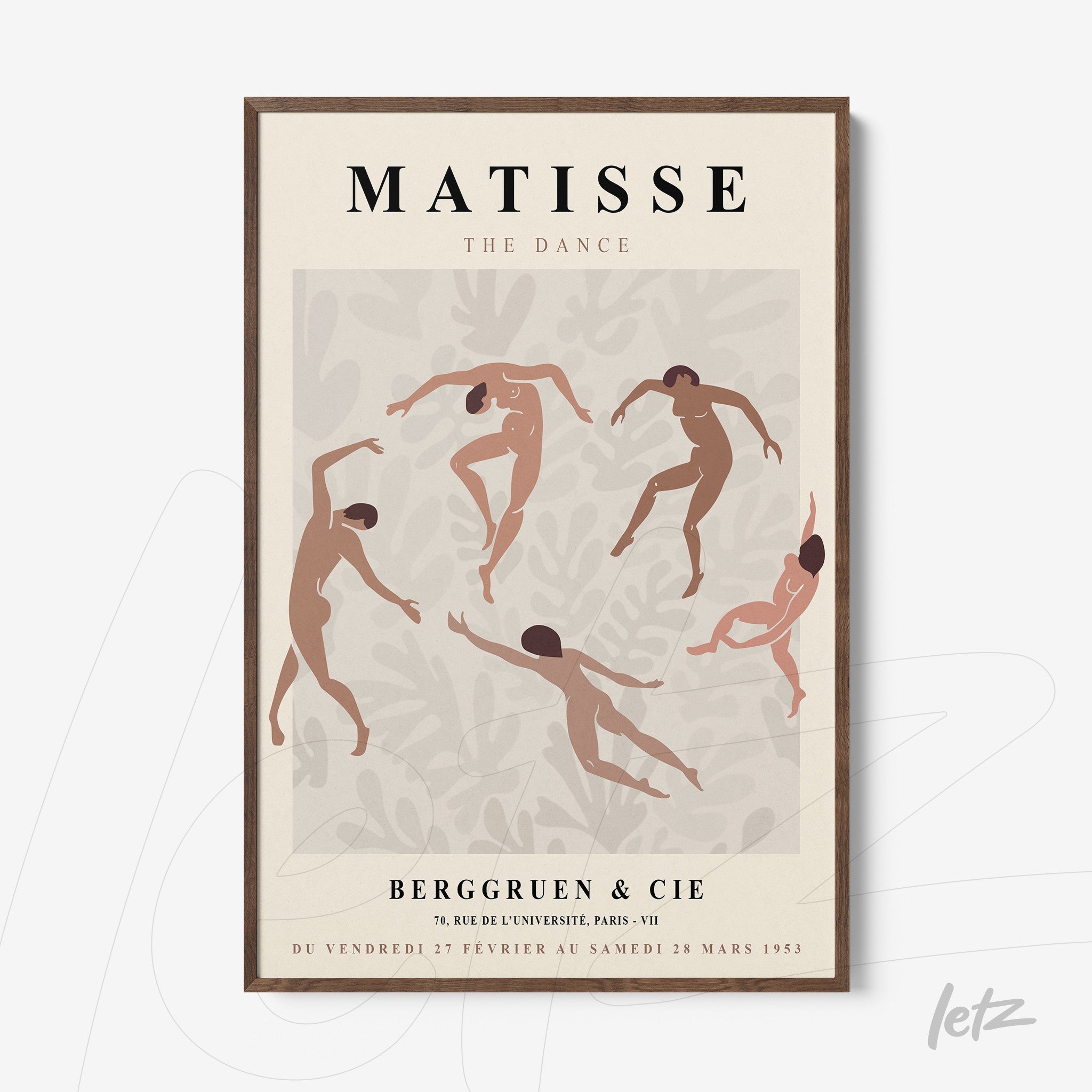 framed artwork of matisse depicting dance in a dark wood frame