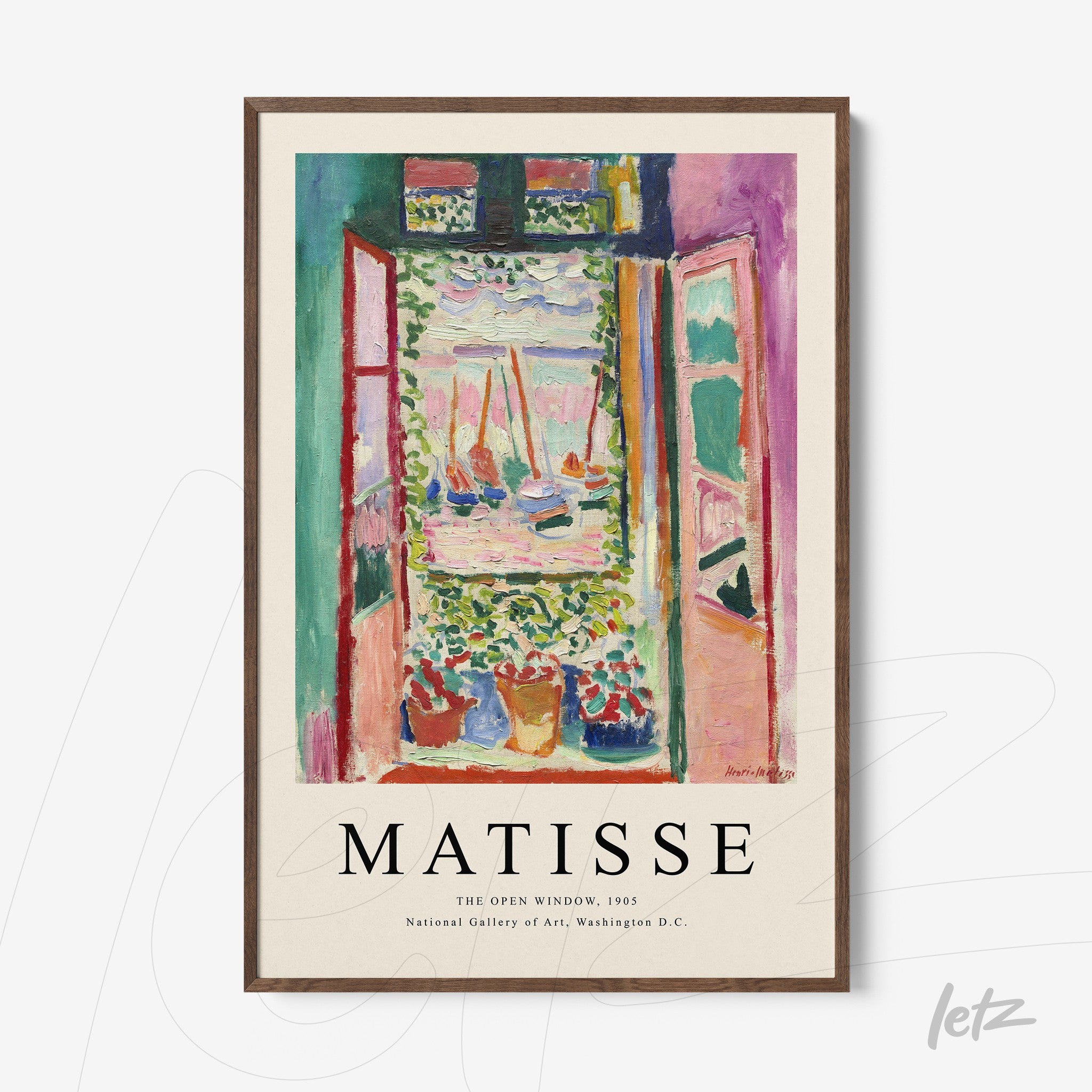 framed artwork featuring a vibrant open window view into a garden with colorful flowers