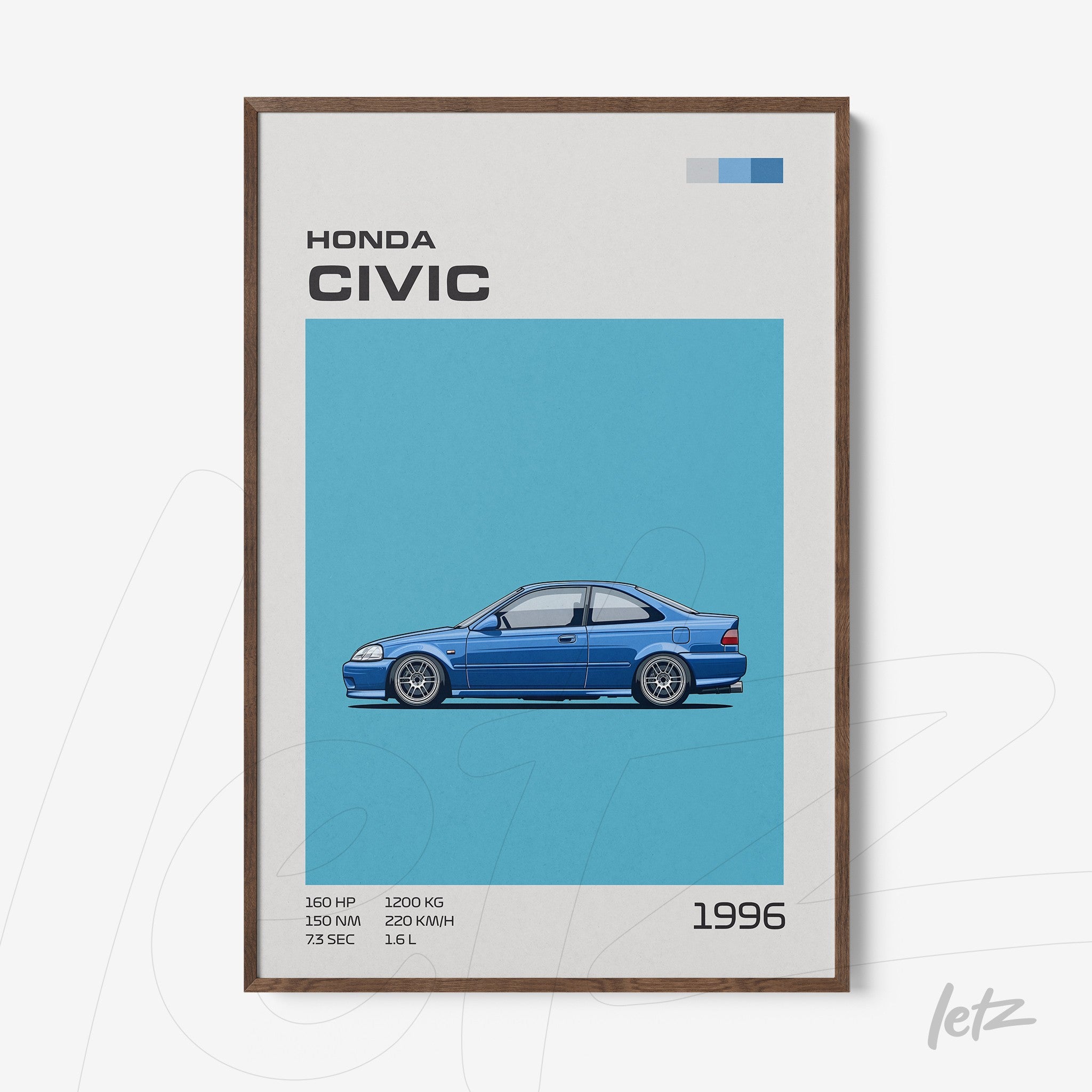 framed illustration of a 1996 Honda Civic on a blue background with dark wood frame