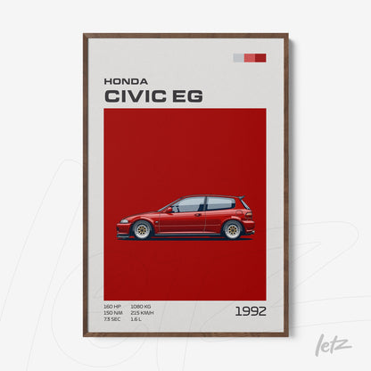 artwork featuring a digital illustration of a red Honda Civic EG on a red background with a dark wooden frame and white and blue accents