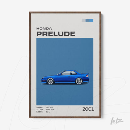 framed wall art of a blue Honda Prelude against a blue background with dark wood frame