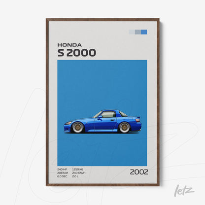 framed art featuring a stylized illustration of a Honda S2000 on a vibrant blue background with a dark wood frame